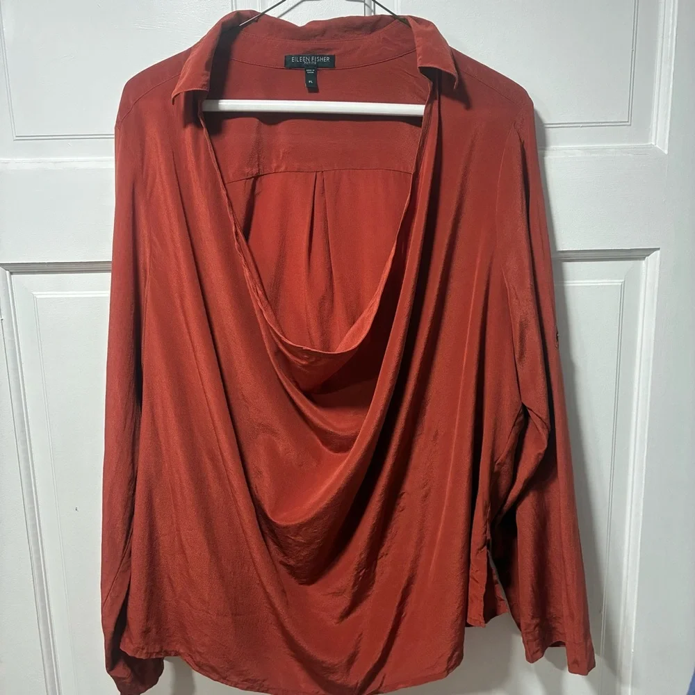 Eileen Fisher Top Women Sz PL Silk Crepe de Chine Drape Cowl Neck Roll Sleeves - Picture 3 of 10